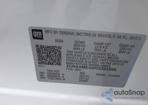 2024 Chevrolet Equinox Fwd Rs из США, поврежденный, VIN 3GNAXMEG0RS221656